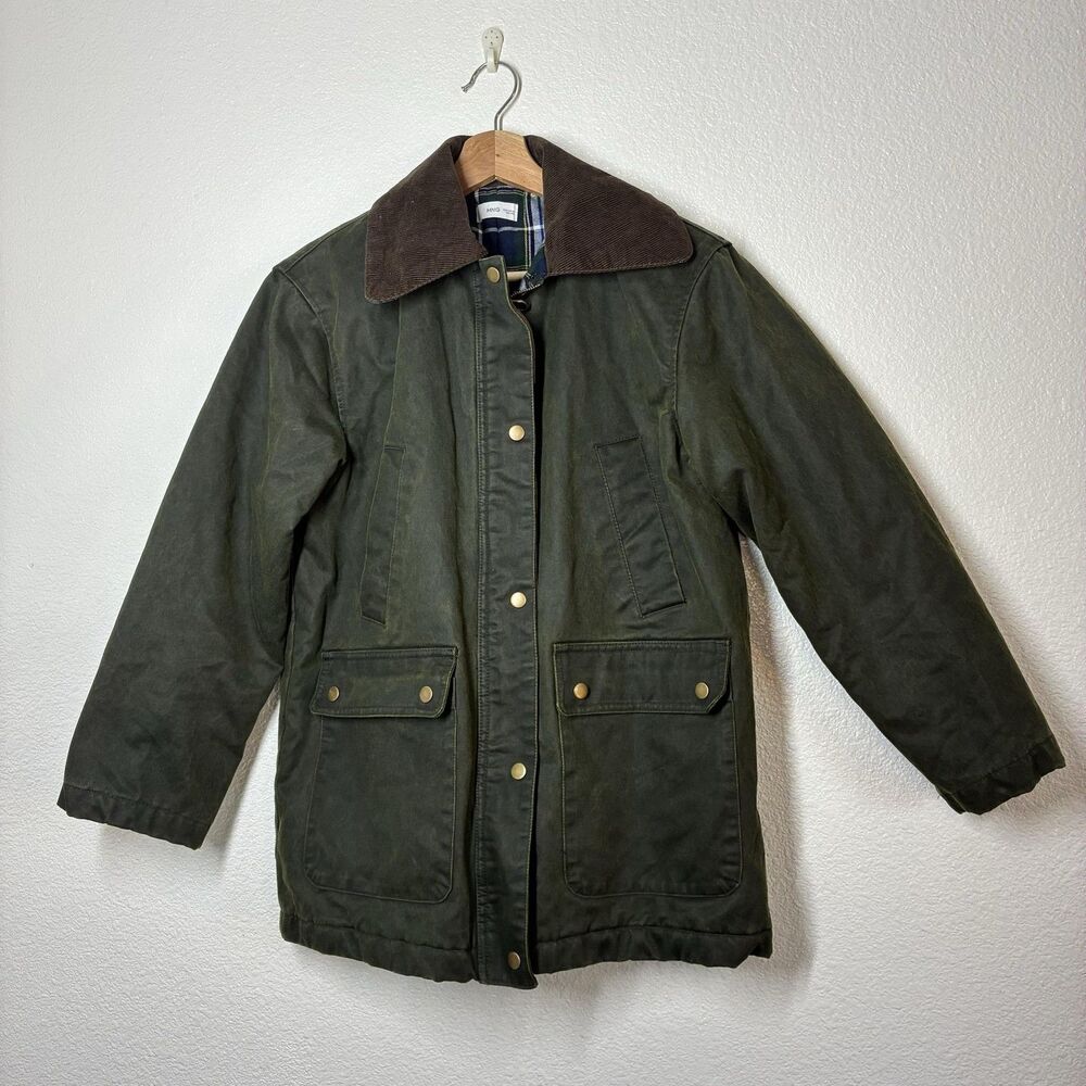 Mango Waxed Effect Barn Jacket Womens XS Green Corduroy Collar Plaid Lined - Picture 3 of 16
